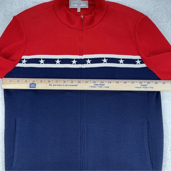 St. John Sport Sz L Cardigan Sweater Full Zip Striped Star Red White Blue Luxury - Picture 9 of 13